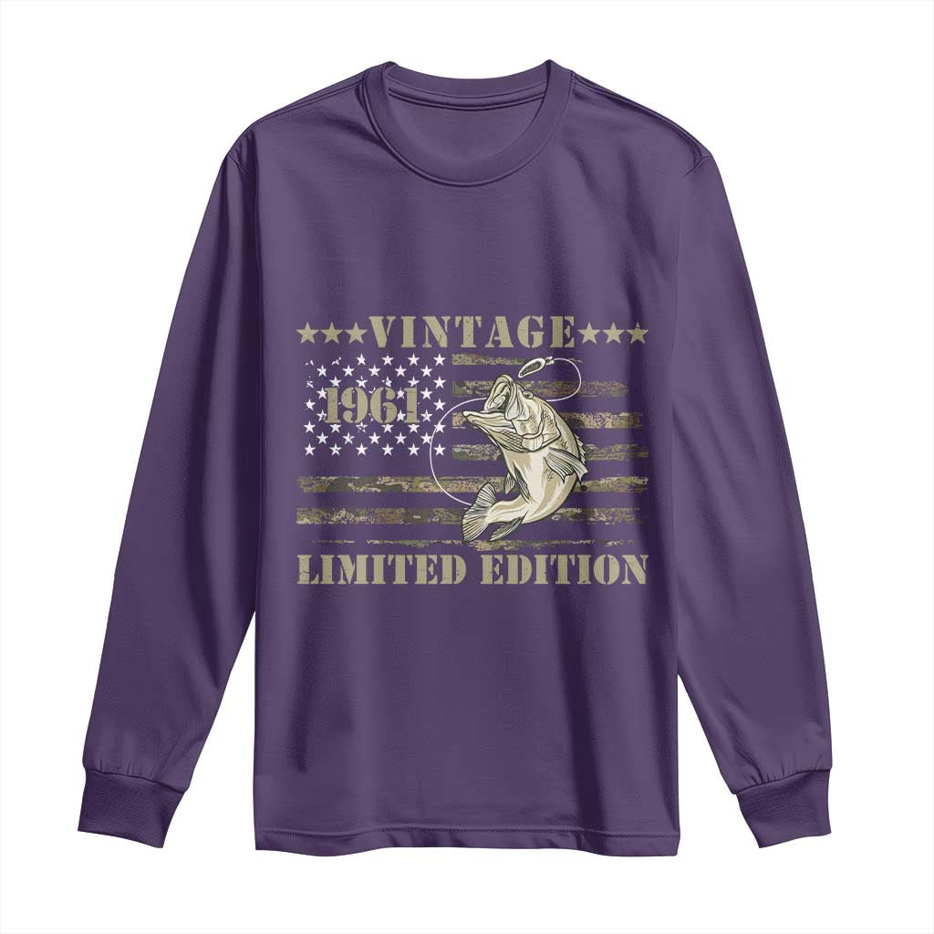 65th Birthday Fishing Vintage 1961 Limited Edition Long Sleeve Shirt Bass Fishing Camouflage American Flag Fisherman Gift