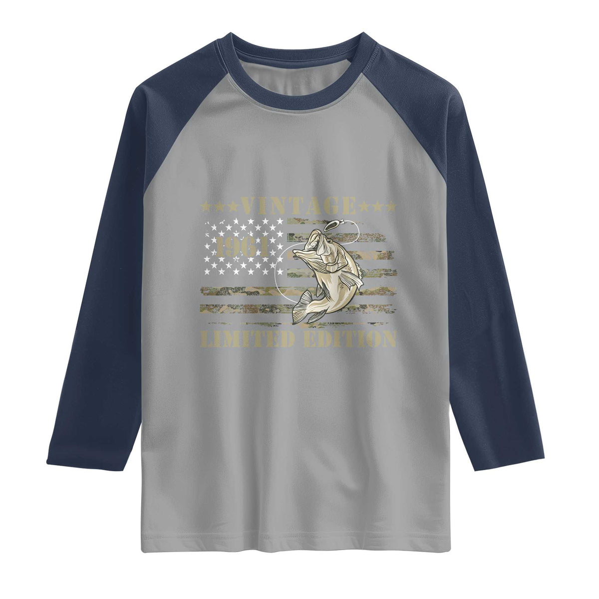 65th Birthday Fishing Vintage 1961 Limited Edition Raglan Shirt Bass Fishing Camouflage American Flag Fisherman Gift
