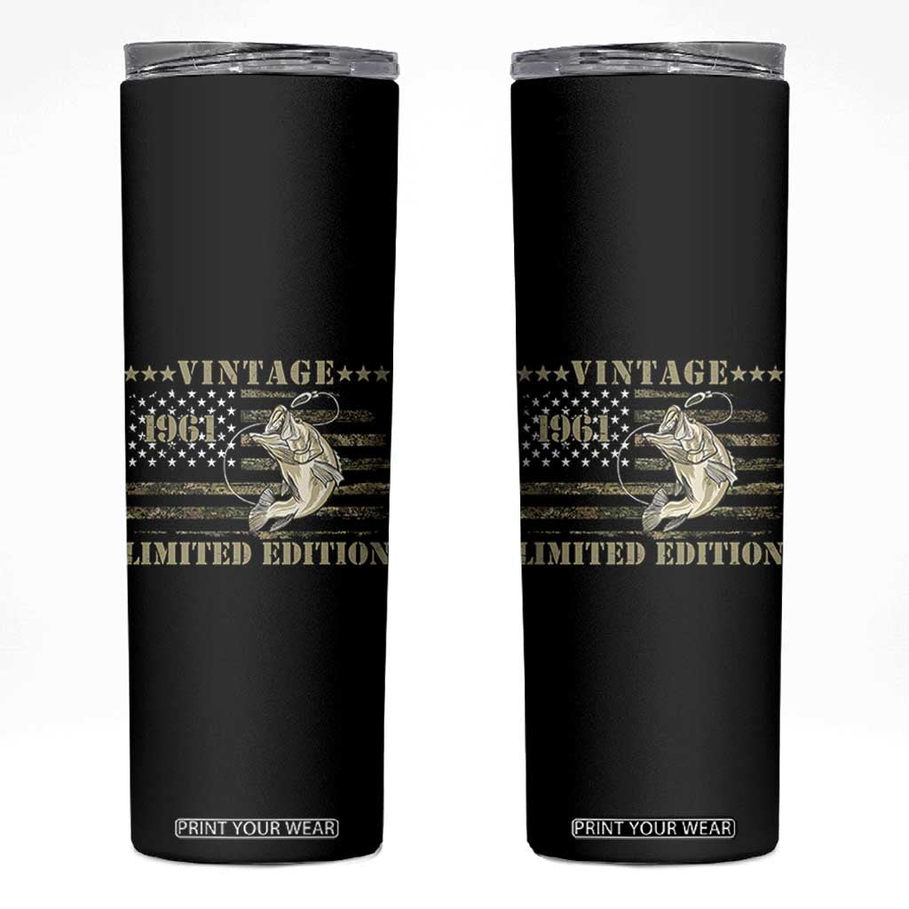 65th Birthday Fishing Vintage 1961 Limited Edition Skinny Tumbler Bass Fishing Camouflage American Flag Fisherman Gift