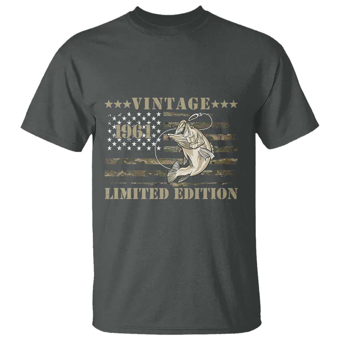 65th Birthday Fishing Vintage 1961 Limited Edition T Shirt Bass Fishing Camouflage American Flag Fisherman Gift