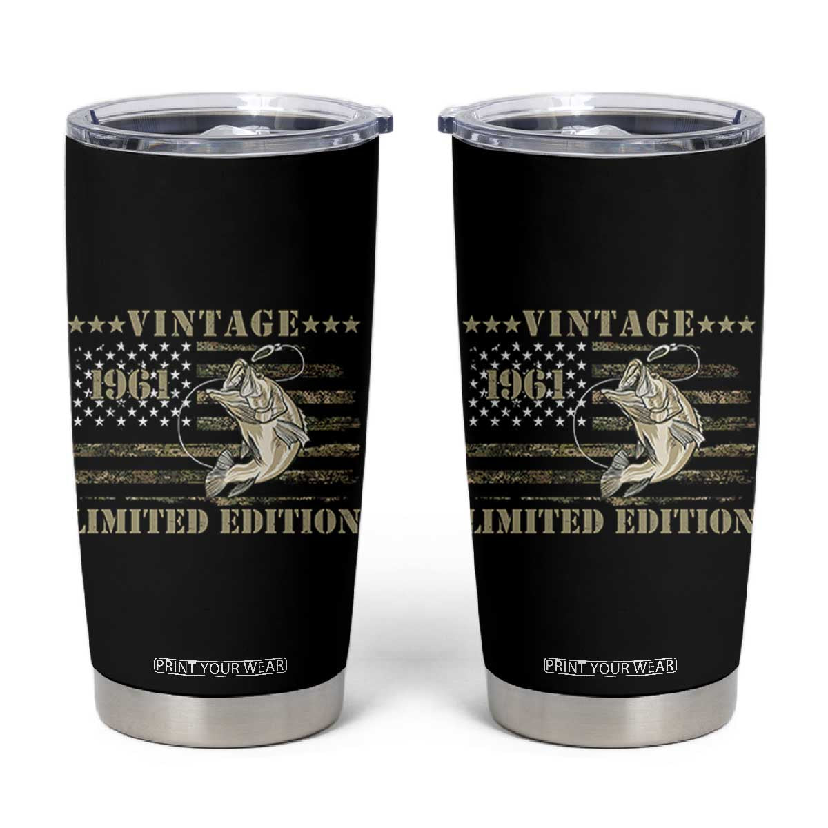 65th Birthday Fishing Vintage 1961 Limited Edition Tumbler Cup Bass Fishing Camouflage American Flag Fisherman Gift