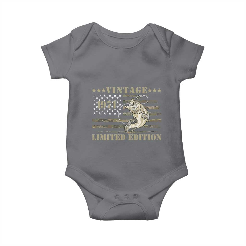 55th Birthday Fishing Vintage 1971 Limited Edition Baby Onesie Bass Fishing Camouflage American Flag Fisherman Gift