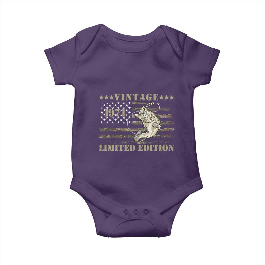 55th Birthday Fishing Vintage 1971 Limited Edition Baby Onesie Bass Fishing Camouflage American Flag Fisherman Gift