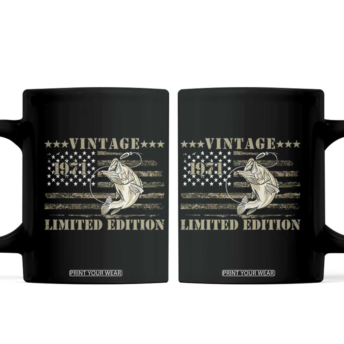 55th Birthday Fishing Vintage 1971 Limited Edition Coffee Mug Bass Fishing Camouflage American Flag Fisherman Gift