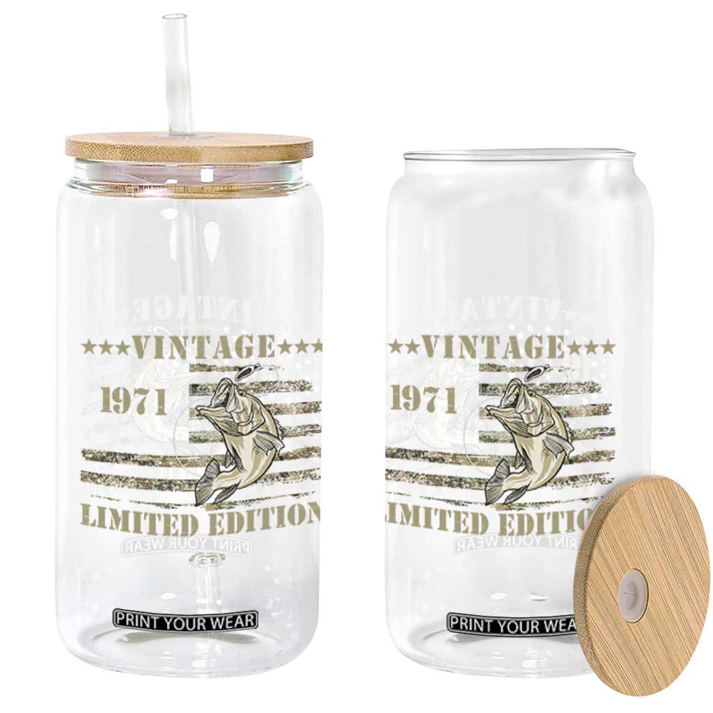 55th Birthday Fishing Vintage 1971 Limited Edition Glass Can Bass Fishing Camouflage American Flag Fisherman Gift