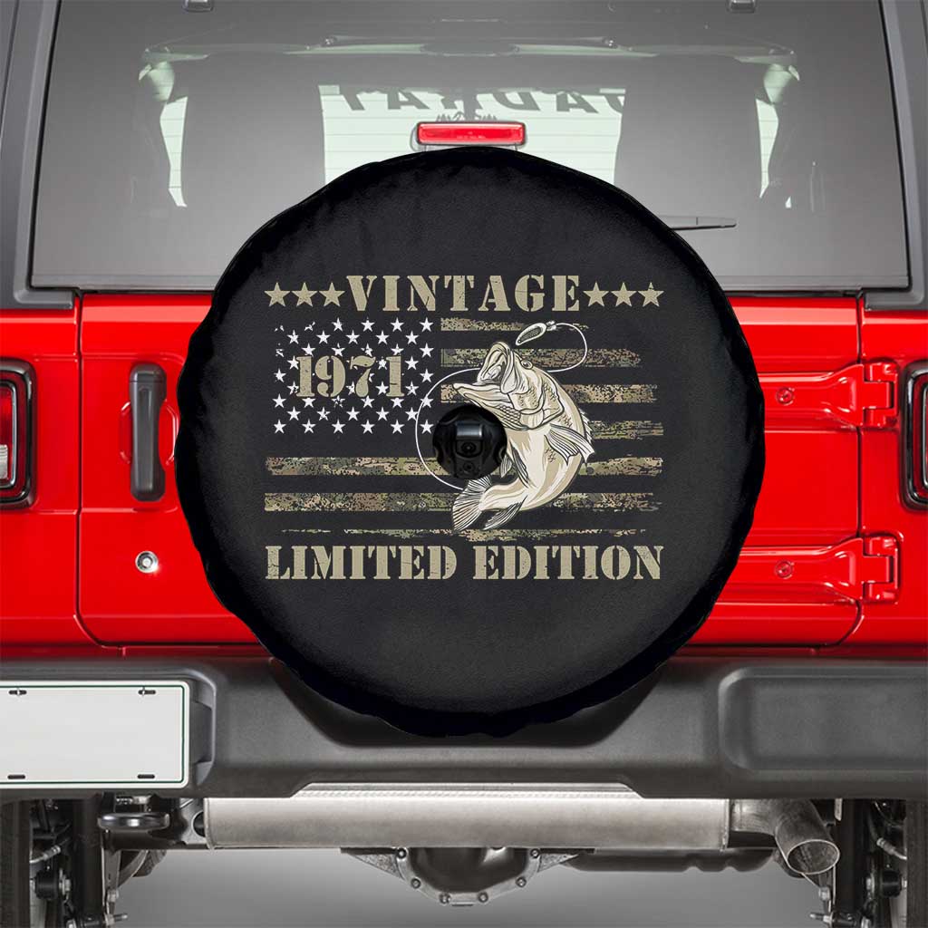 55th Birthday Fishing Vintage 1971 Limited Edition Spare Tire Cover Bass Fishing Camouflage American Flag Fisherman Gift