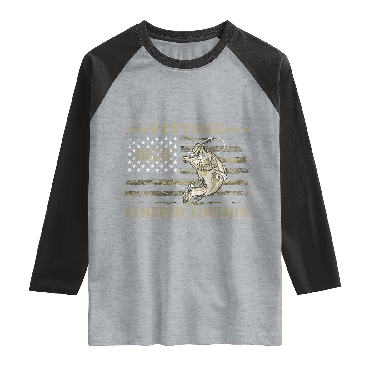 50th Birthday Fishing Vintage 1976 Limited Edition Raglan Shirt Bass Fishing Camouflage American Flag Fisherman Gift