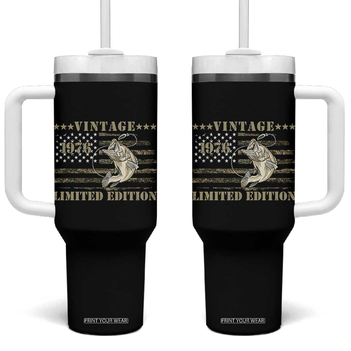 50th Birthday Fishing Vintage 1976 Limited Edition Tumbler With Handle Bass Fishing Camouflage American Flag Fisherman Gift