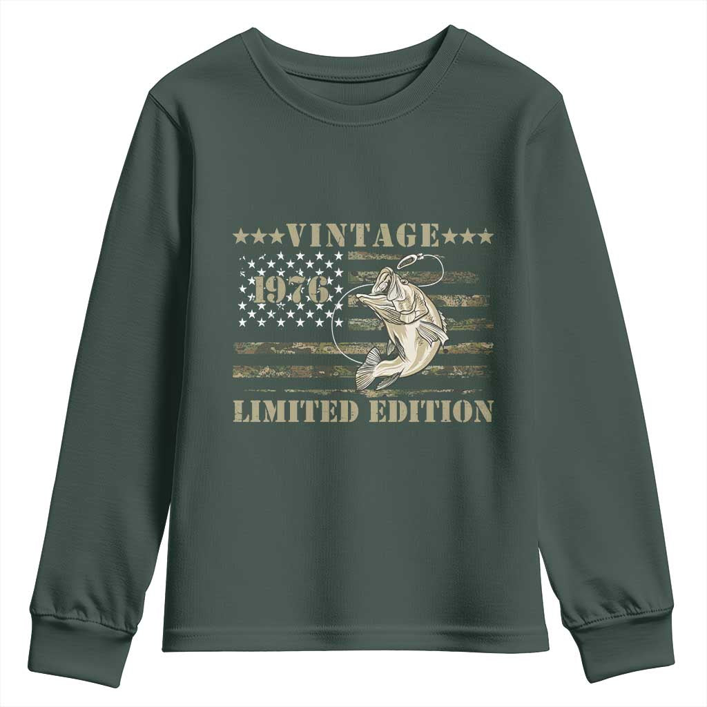 50th Birthday Fishing Vintage 1976 Limited Edition Youth Sweatshirt Bass Fishing Camouflage American Flag Fisherman Gift