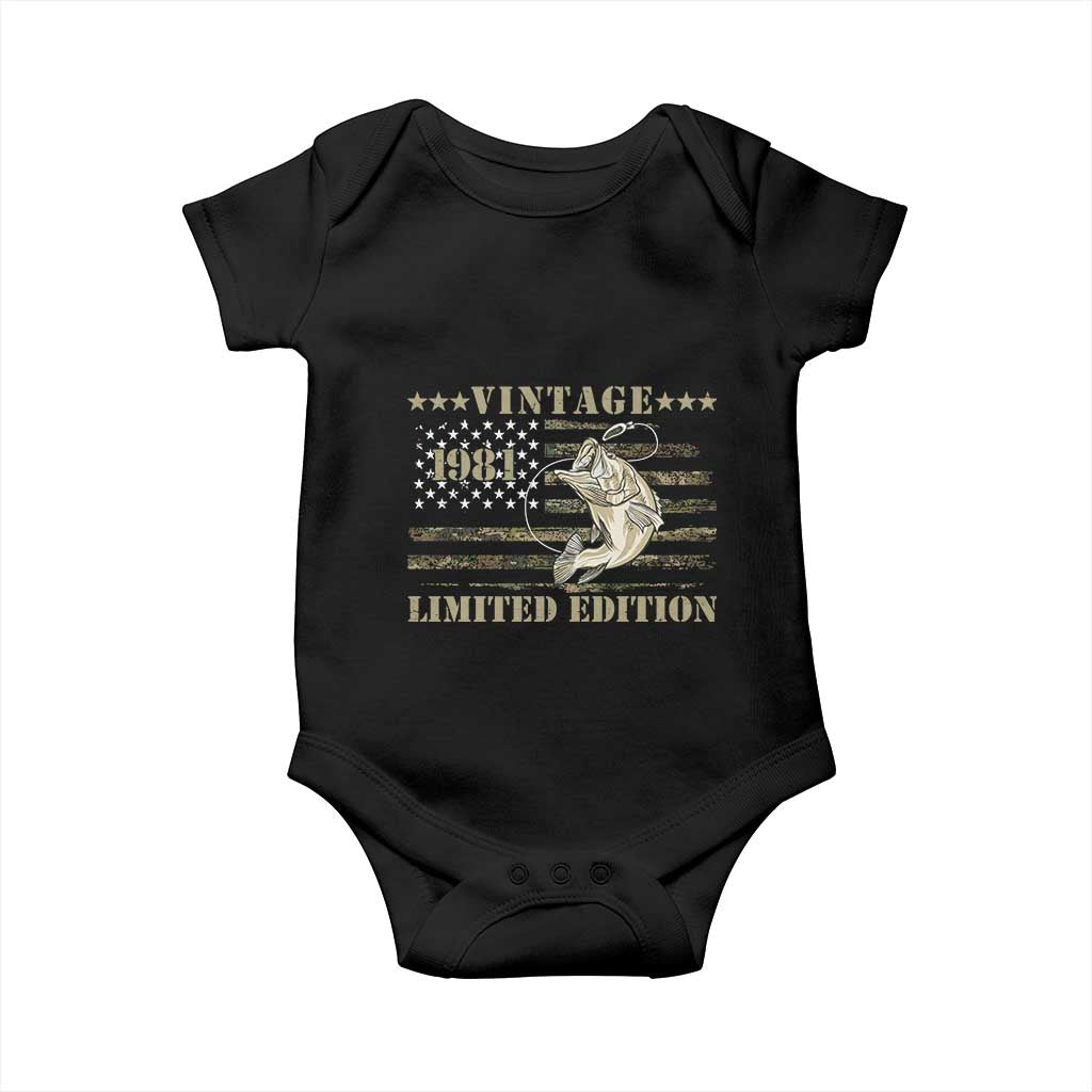 45th Birthday Fishing Vintage 1981 Limited Edition Baby Onesie Bass Fishing Camouflage American Flag Fisherman Gift