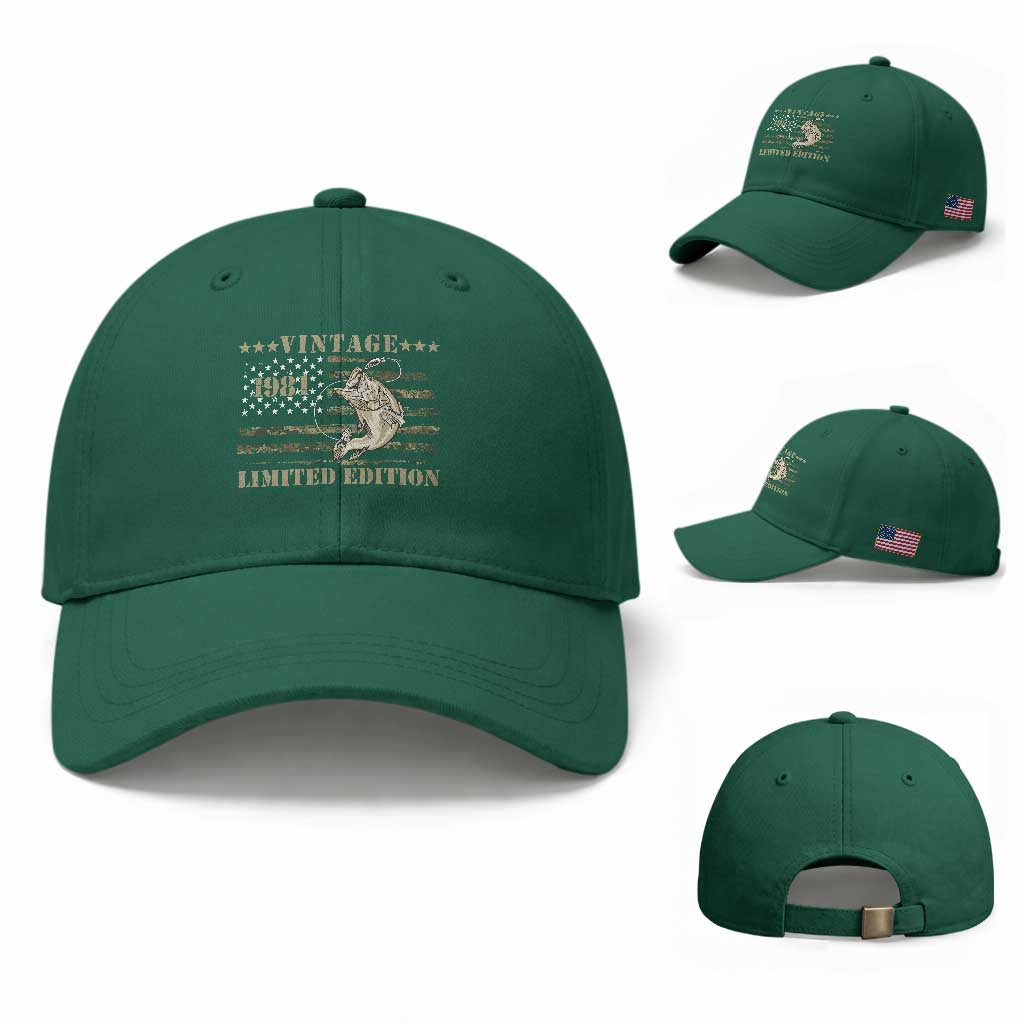 45th Birthday Fishing Vintage 1981 Limited Edition Baseball Cap Bass Fishing Camouflage American Flag Fisherman Gift