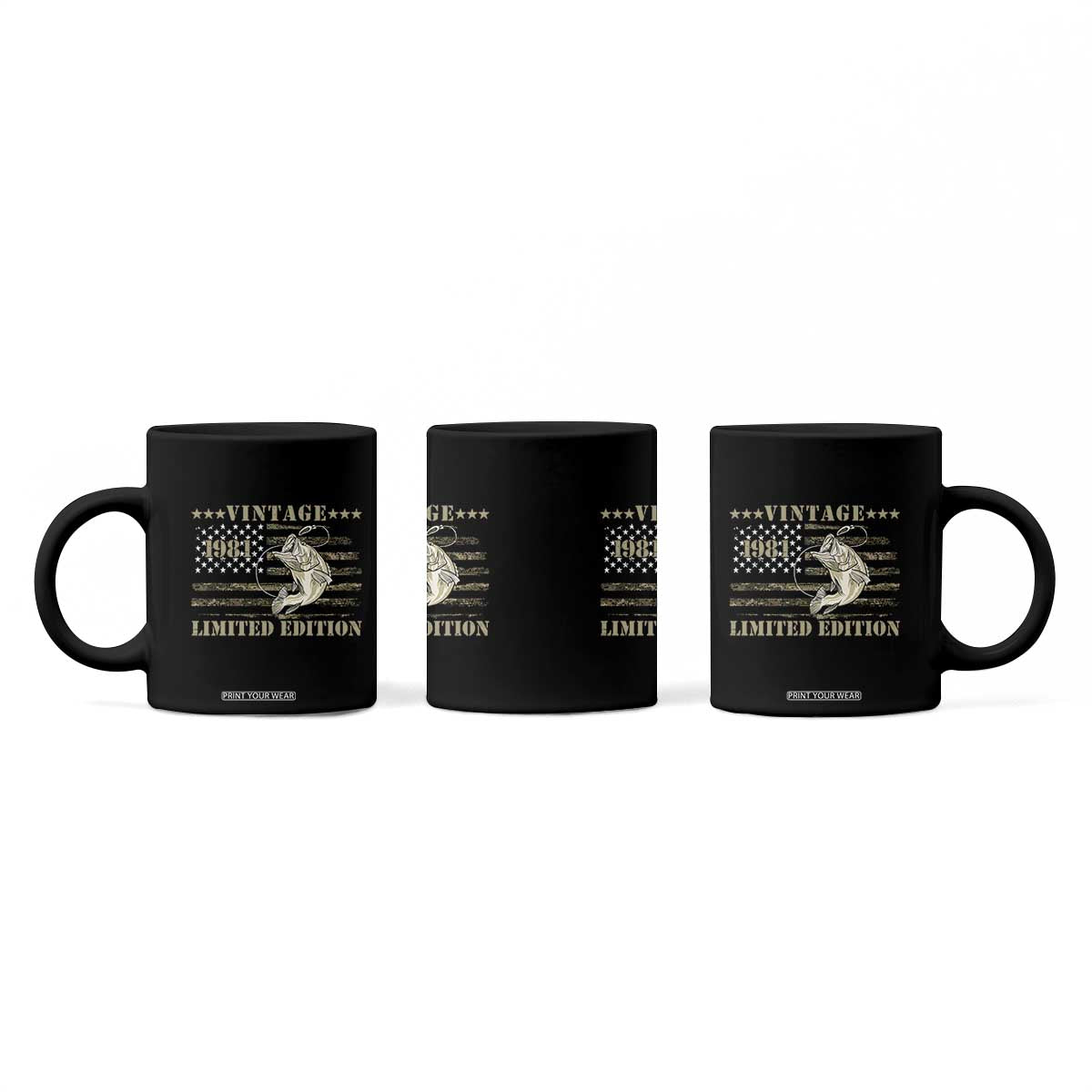 45th Birthday Fishing Vintage 1981 Limited Edition Coffee Mug Bass Fishing Camouflage American Flag Fisherman Gift