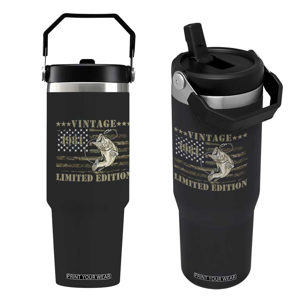 45th Birthday Fishing Vintage 1981 Limited Edition Flip Straw Tumbler Bass Fishing Camouflage American Flag Fisherman Gift