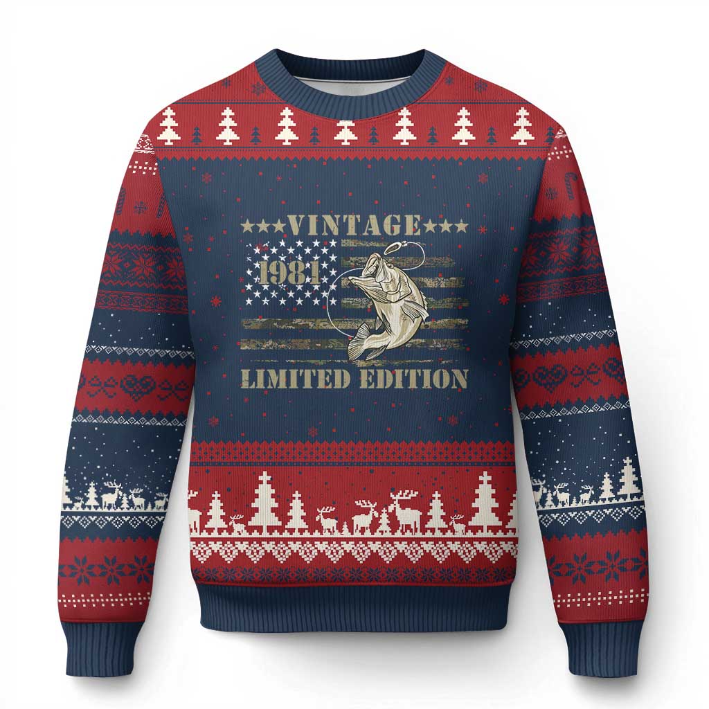45th Birthday Fishing Vintage 1981 Limited Edition Ugly Christmas Sweater Bass Fishing Camouflage American Flag Fisherman Gift TS14 Navy Red Print Your Wear