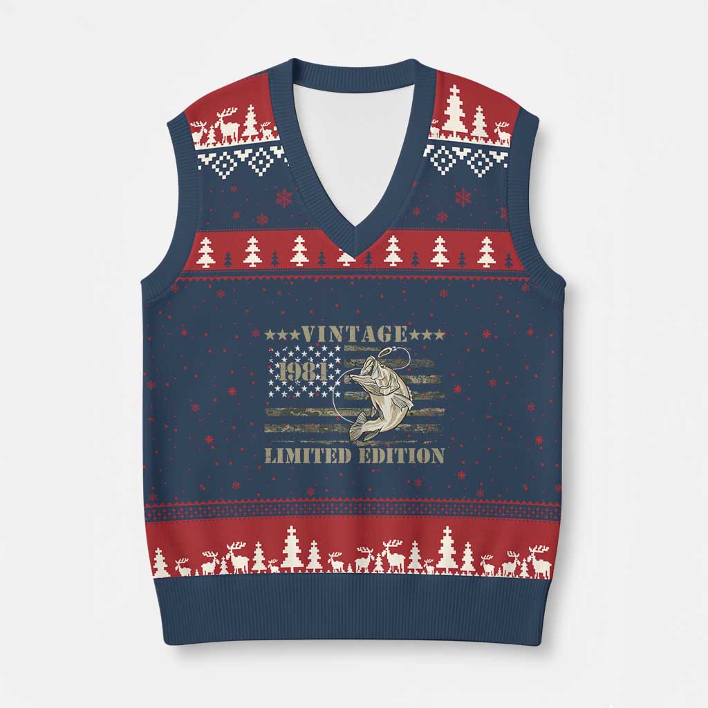 45th Birthday Fishing Vintage 1981 Limited Edition V-Neck Knit Sweater Vest Bass Fishing Camouflage American Flag Fisherman Gift