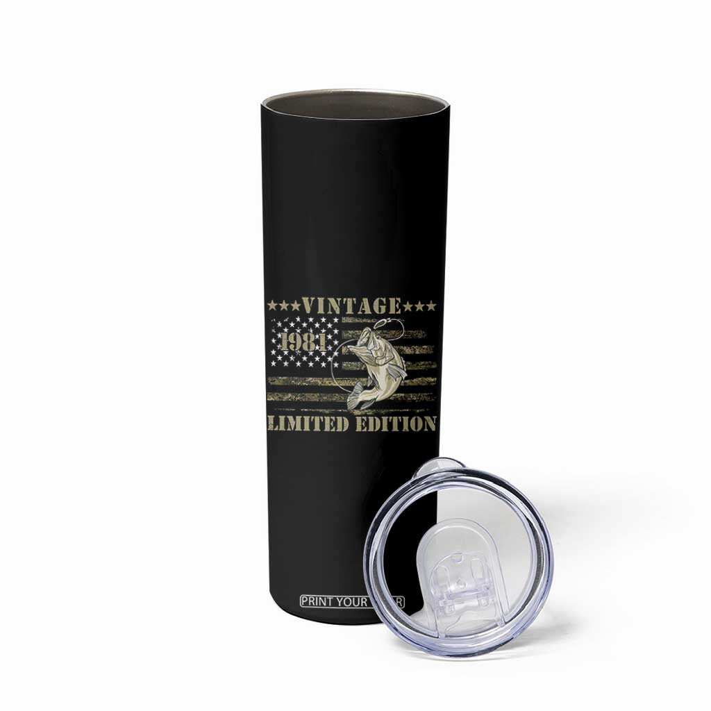 45th Birthday Fishing Vintage 1981 Limited Edition Skinny Tumbler Bass Fishing Camouflage American Flag Fisherman Gift