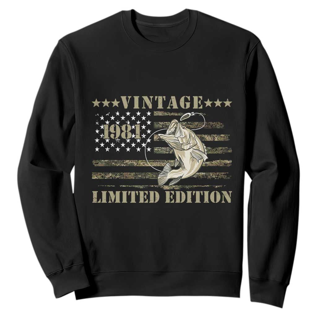 45th Birthday Fishing Vintage 1981 Limited Edition Sweatshirt Bass Fishing Camouflage American Flag Fisherman Gift