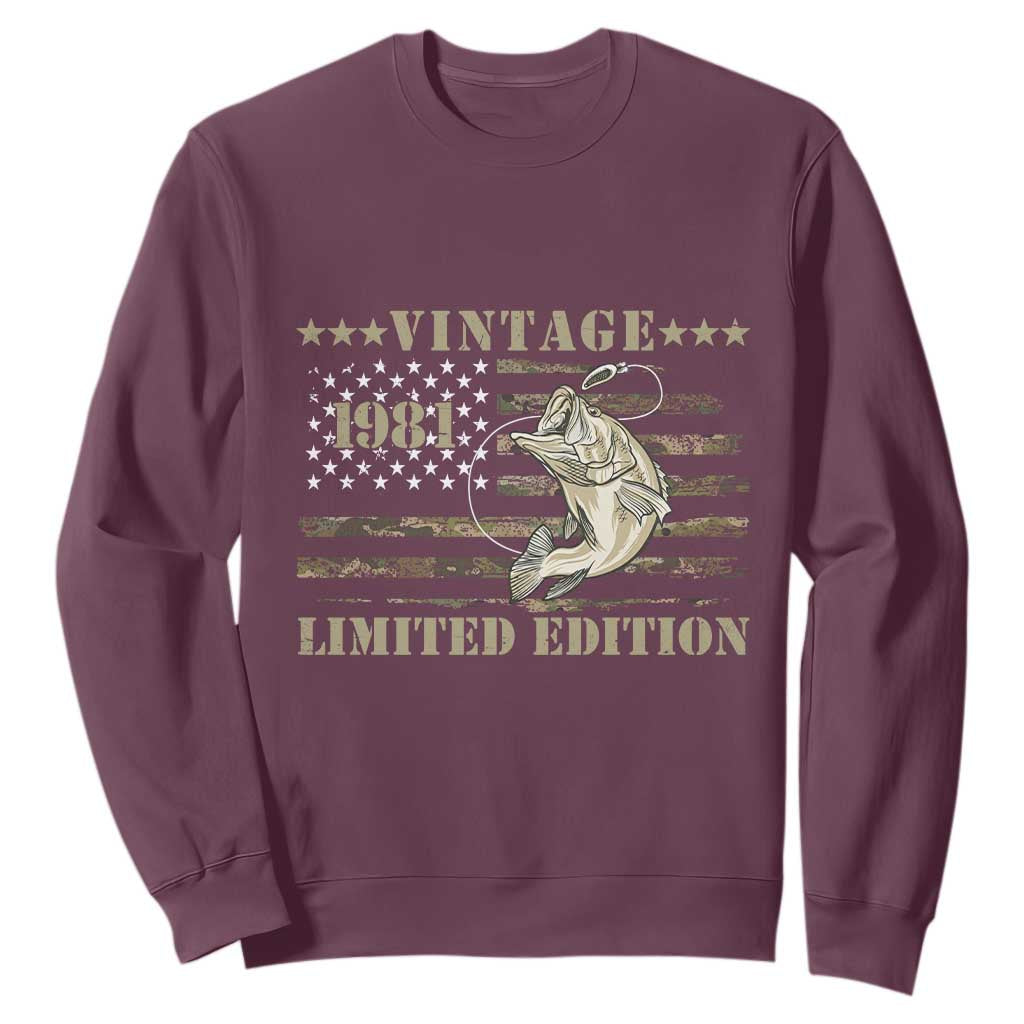 45th Birthday Fishing Vintage 1981 Limited Edition Sweatshirt Bass Fishing Camouflage American Flag Fisherman Gift
