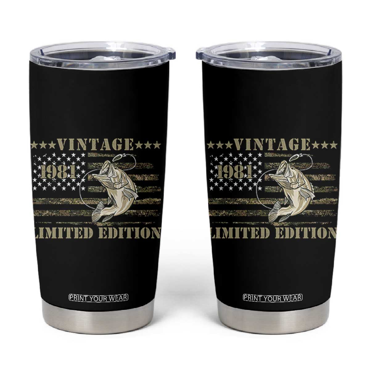 45th Birthday Fishing Vintage 1981 Limited Edition Tumbler Cup Bass Fishing Camouflage American Flag Fisherman Gift