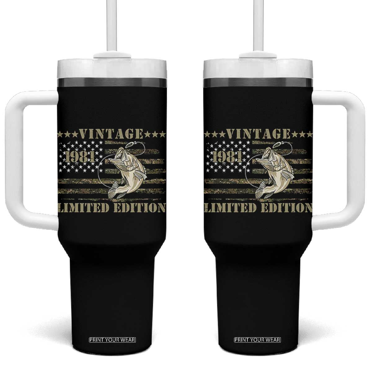 45th Birthday Fishing Vintage 1981 Limited Edition Tumbler With Handle Bass Fishing Camouflage American Flag Fisherman Gift TS14 One Size: 40 oz Black Print Your Wear