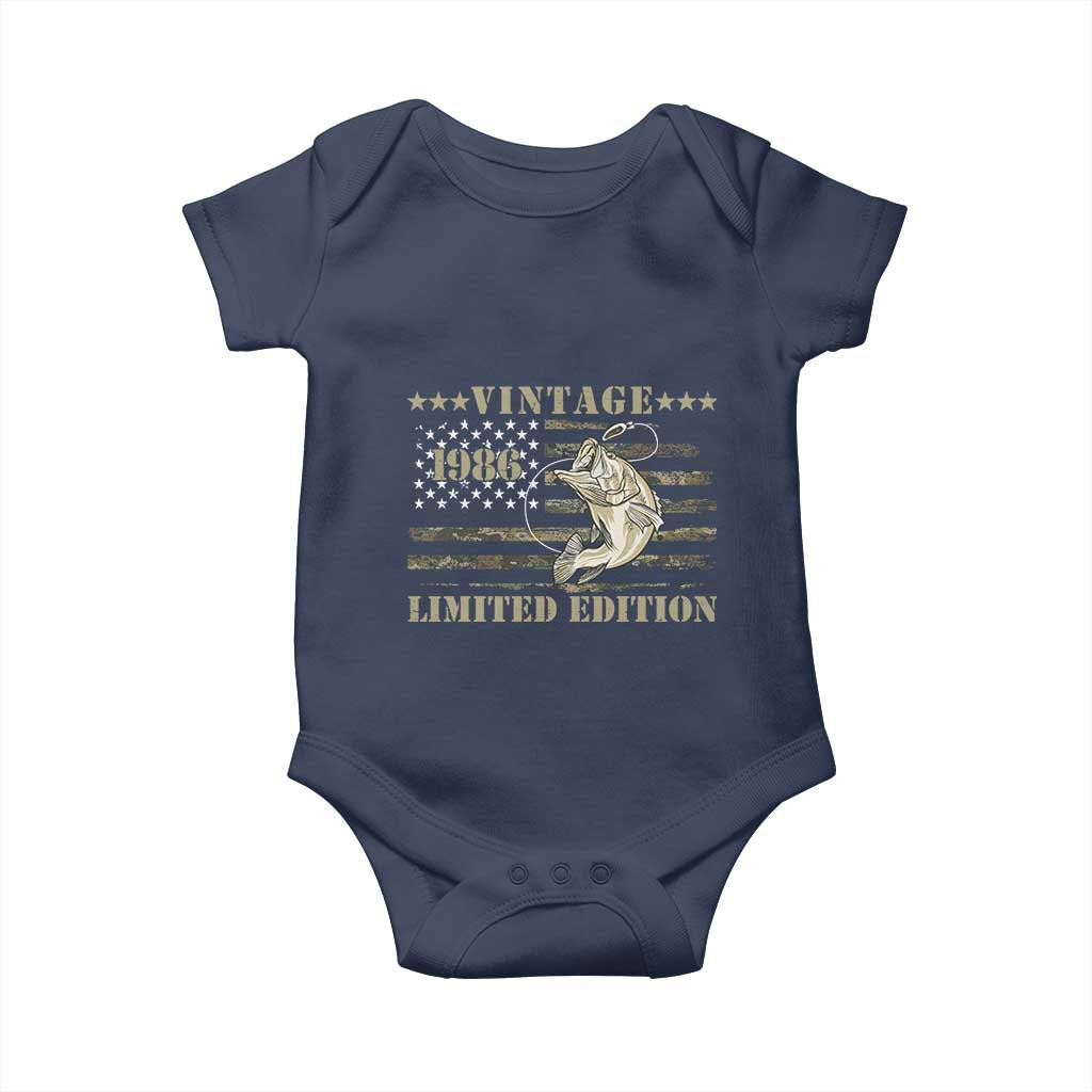 40th Birthday Fishing Vintage 1986 Limited Edition Baby Onesie Bass Fishing Camouflage American Flag Fisherman Gift