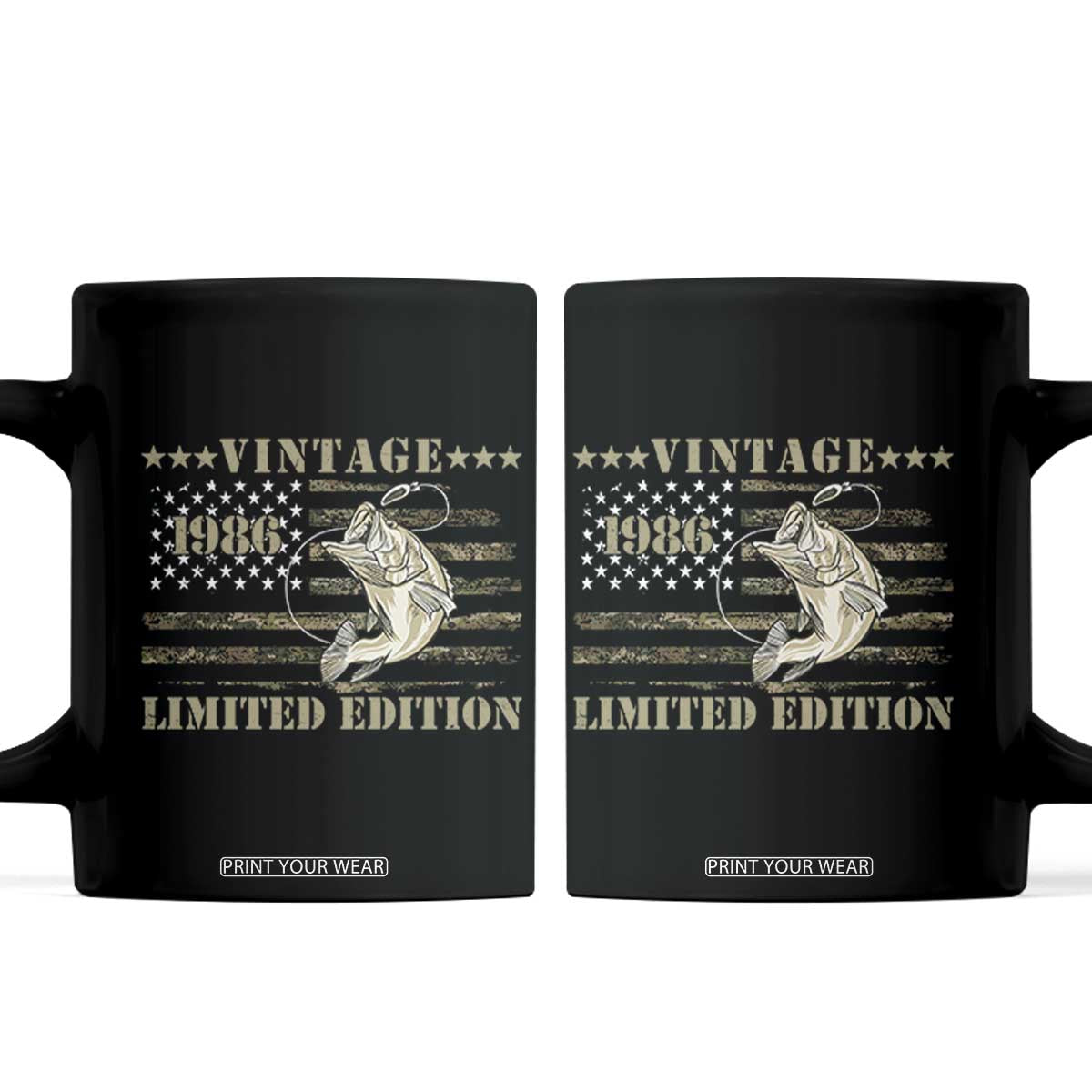 40th Birthday Fishing Vintage 1986 Limited Edition Coffee Mug Bass Fishing Camouflage American Flag Fisherman Gift