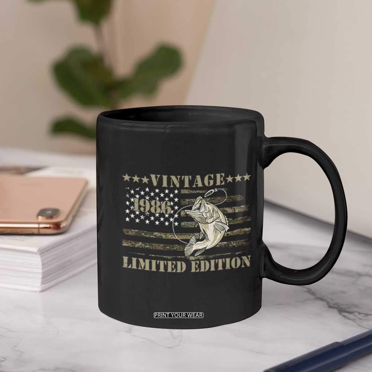 40th Birthday Fishing Vintage 1986 Limited Edition Coffee Mug Bass Fishing Camouflage American Flag Fisherman Gift