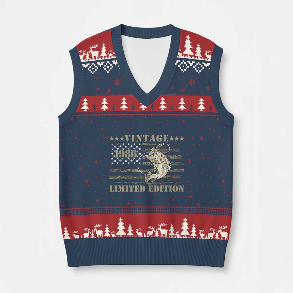 40th Birthday Fishing Vintage 1986 Limited Edition V-Neck Knit Sweater Vest Bass Fishing Camouflage American Flag Fisherman Gift TS14 Navy Red Print Your Wear