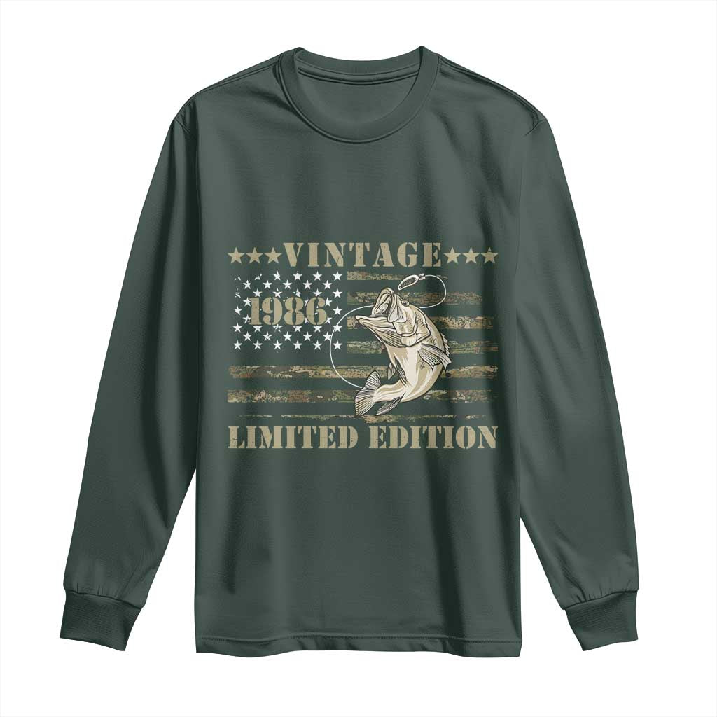 40th Birthday Fishing Vintage 1986 Limited Edition Long Sleeve Shirt Bass Fishing Camouflage American Flag Fisherman Gift