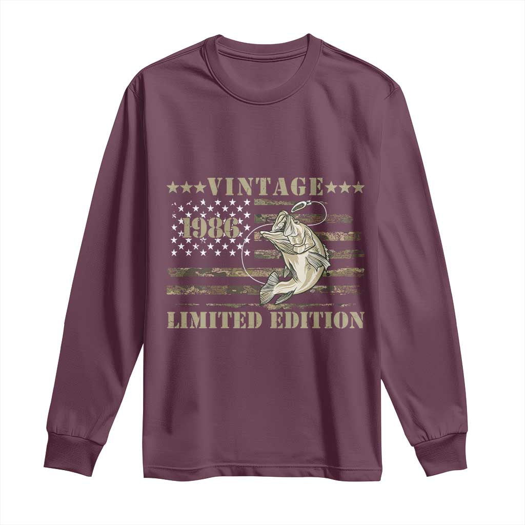 40th Birthday Fishing Vintage 1986 Limited Edition Long Sleeve Shirt Bass Fishing Camouflage American Flag Fisherman Gift