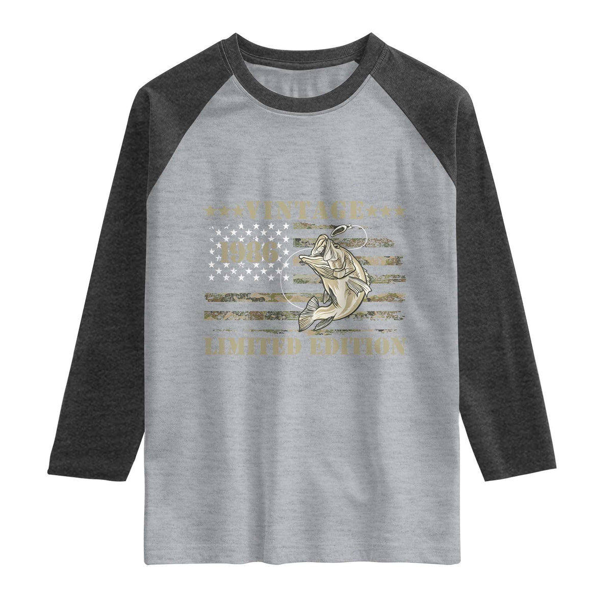 40th Birthday Fishing Vintage 1986 Limited Edition Raglan Shirt Bass Fishing Camouflage American Flag Fisherman Gift