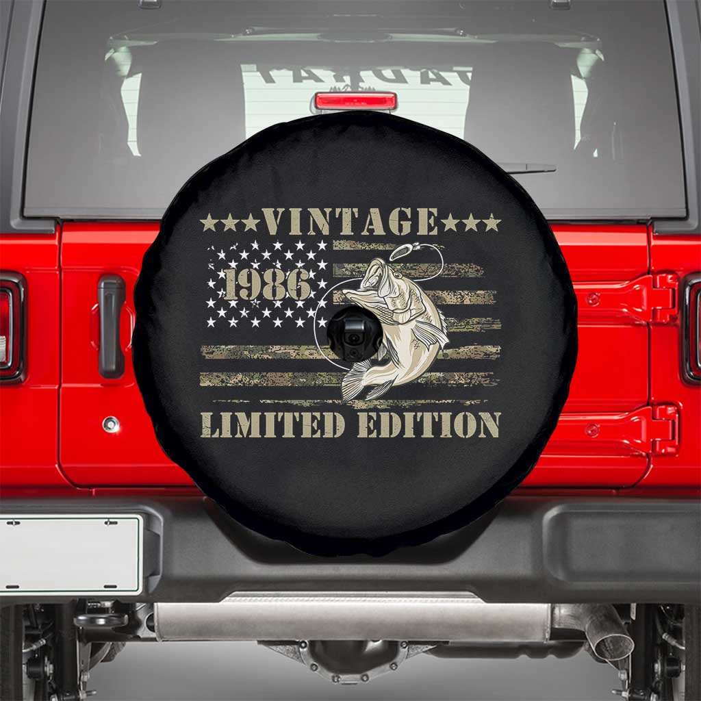40th Birthday Fishing Vintage 1986 Limited Edition Spare Tire Cover Bass Fishing Camouflage American Flag Fisherman Gift