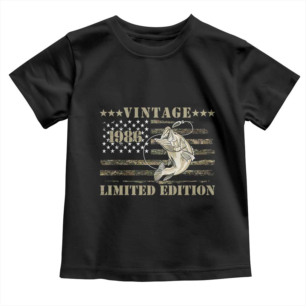 40th Birthday Fishing Vintage 1986 Limited Edition Toddler T Shirt Bass Fishing Camouflage American Flag Fisherman Gift