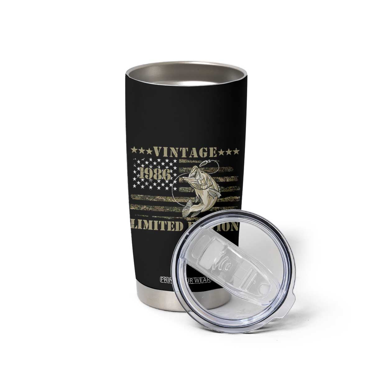40th Birthday Fishing Vintage 1986 Limited Edition Tumbler Cup Bass Fishing Camouflage American Flag Fisherman Gift