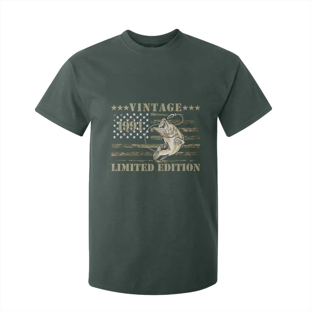 35th Birthday Fishing Vintage 1991 Limited Edition T Shirt For Kid Bass Fishing Camouflage American Flag Fisherman Gift
