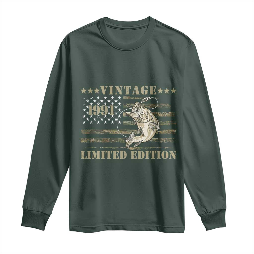 35th Birthday Fishing Vintage 1991 Limited Edition Long Sleeve Shirt Bass Fishing Camouflage American Flag Fisherman Gift