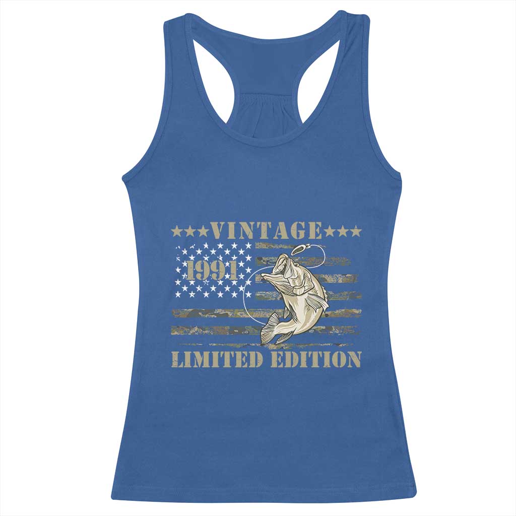 35th Birthday Fishing Vintage 1991 Limited Edition Racerback Tank Top Bass Fishing Camouflage American Flag Fisherman Gift