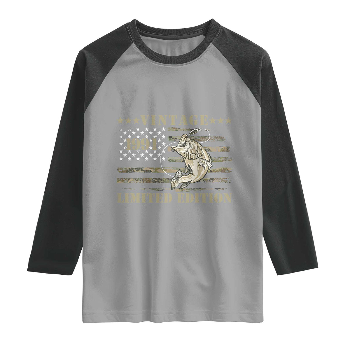 35th Birthday Fishing Vintage 1991 Limited Edition Raglan Shirt Bass Fishing Camouflage American Flag Fisherman Gift