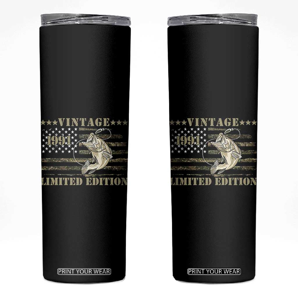 35th Birthday Fishing Vintage 1991 Limited Edition Skinny Tumbler Bass Fishing Camouflage American Flag Fisherman Gift