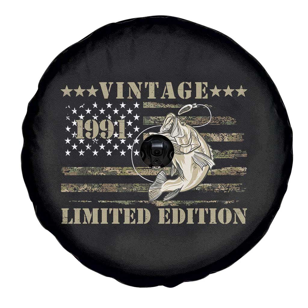 35th Birthday Fishing Vintage 1991 Limited Edition Spare Tire Cover Bass Fishing Camouflage American Flag Fisherman Gift