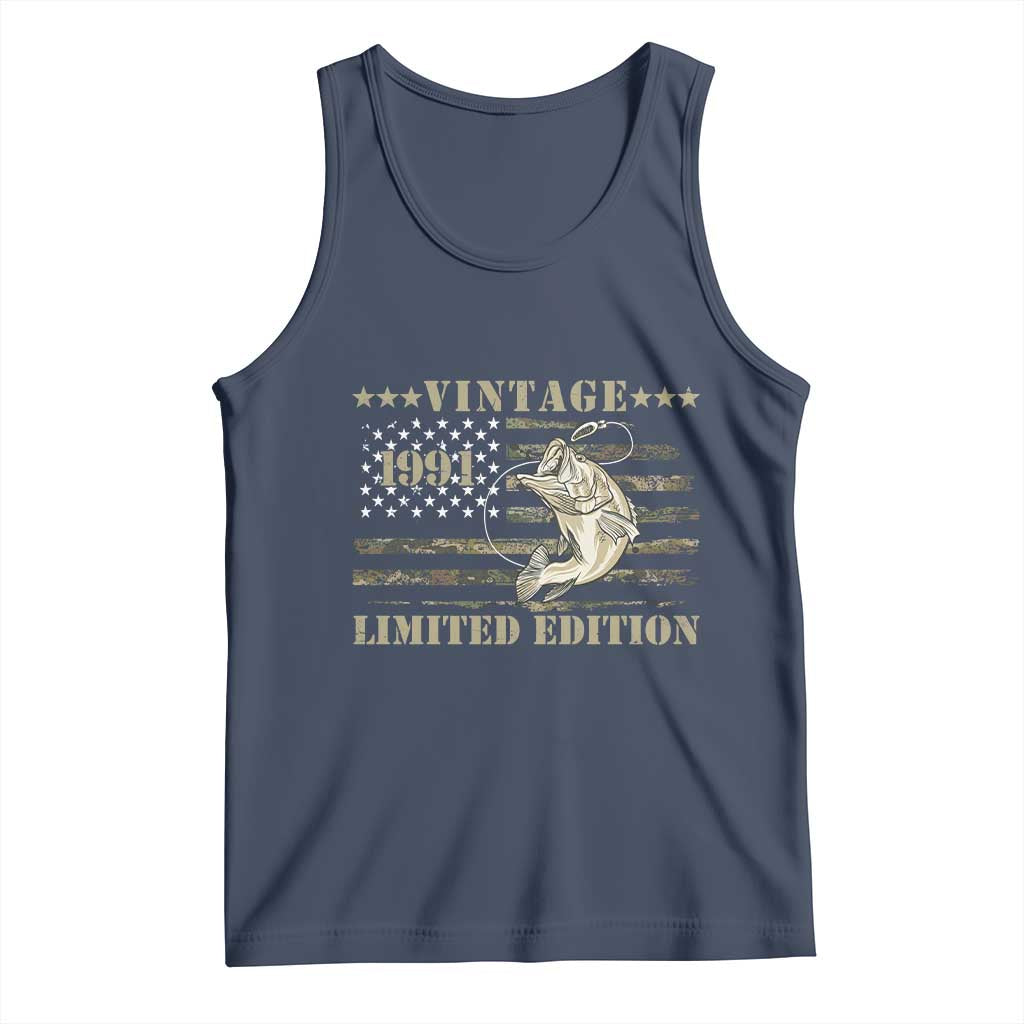 35th Birthday Fishing Vintage 1991 Limited Edition Tank Top Bass Fishing Camouflage American Flag Fisherman Gift