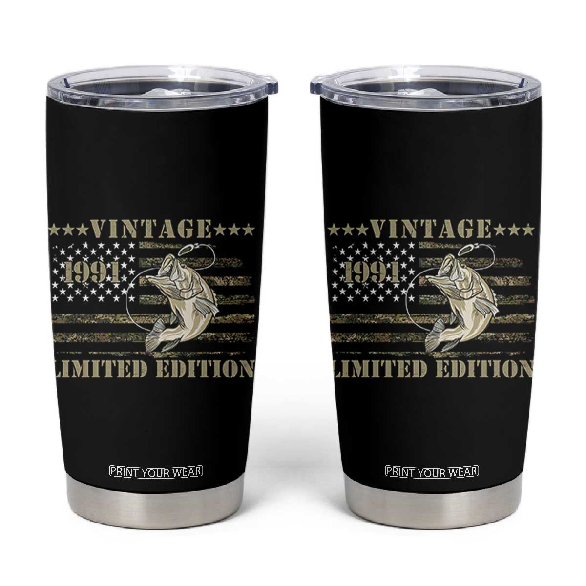 35th Birthday Fishing Vintage 1991 Limited Edition Tumbler Cup Bass Fishing Camouflage American Flag Fisherman Gift