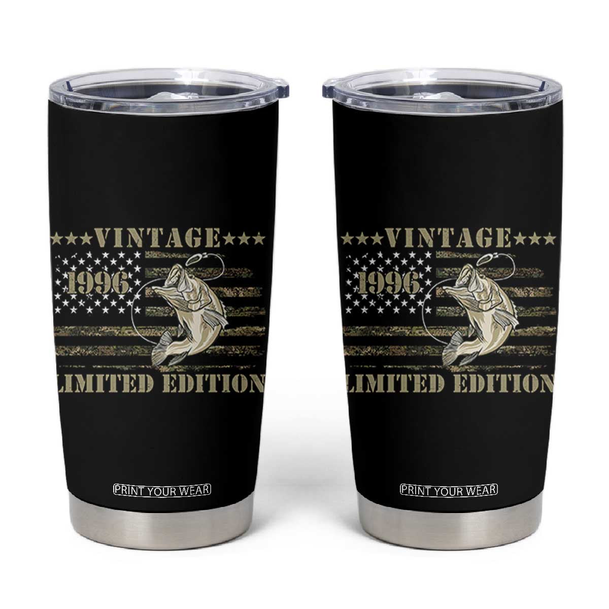 30th Birthday Fishing Vintage 1996 Limited Edition Tumbler Cup Bass Fishing Camouflage American Flag Fisherman Gift