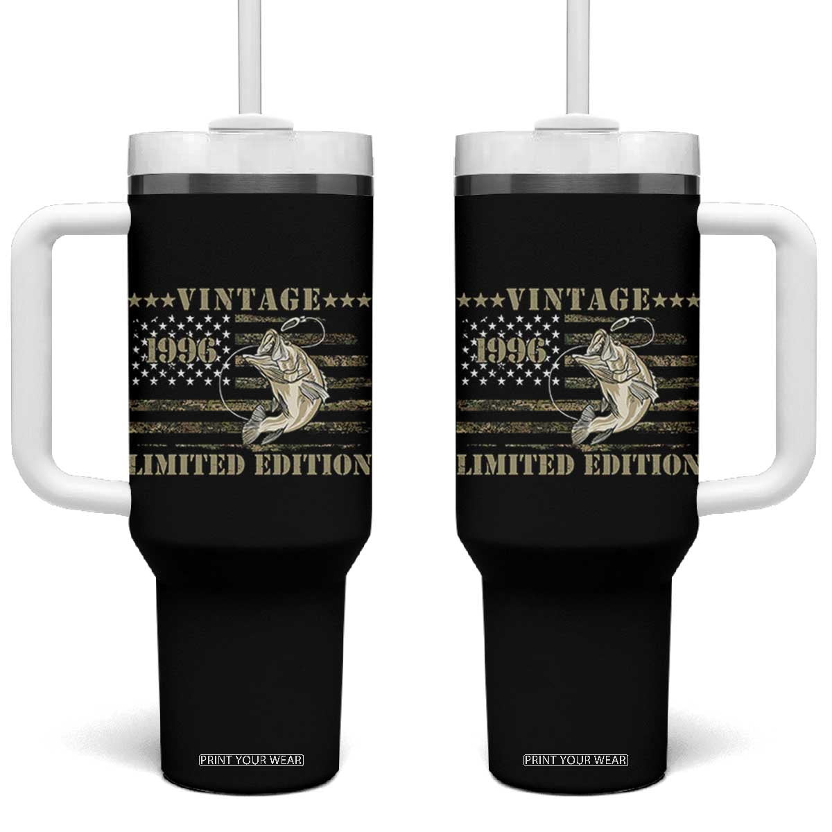 30th Birthday Fishing Vintage 1996 Limited Edition Tumbler With Handle Bass Fishing Camouflage American Flag Fisherman Gift