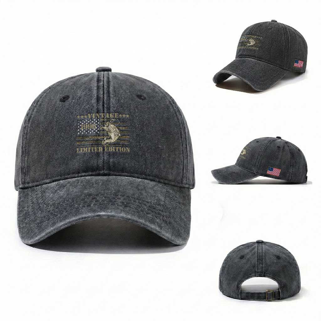 30th Birthday Fishing Vintage 1996 Limited Edition Washed Cotton Baseball Cap Bass Fishing Camouflage American Flag Fisherman Gift