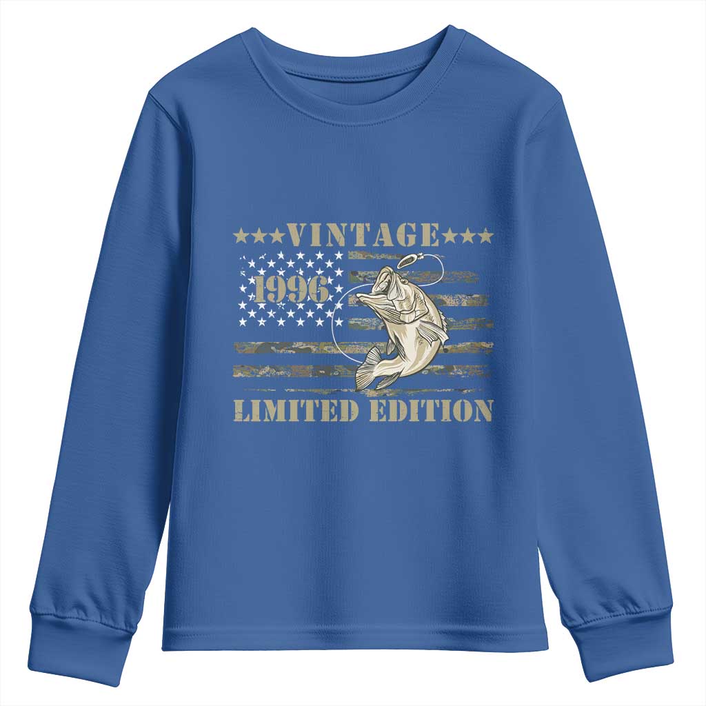 30th Birthday Fishing Vintage 1996 Limited Edition Youth Sweatshirt Bass Fishing Camouflage American Flag Fisherman Gift