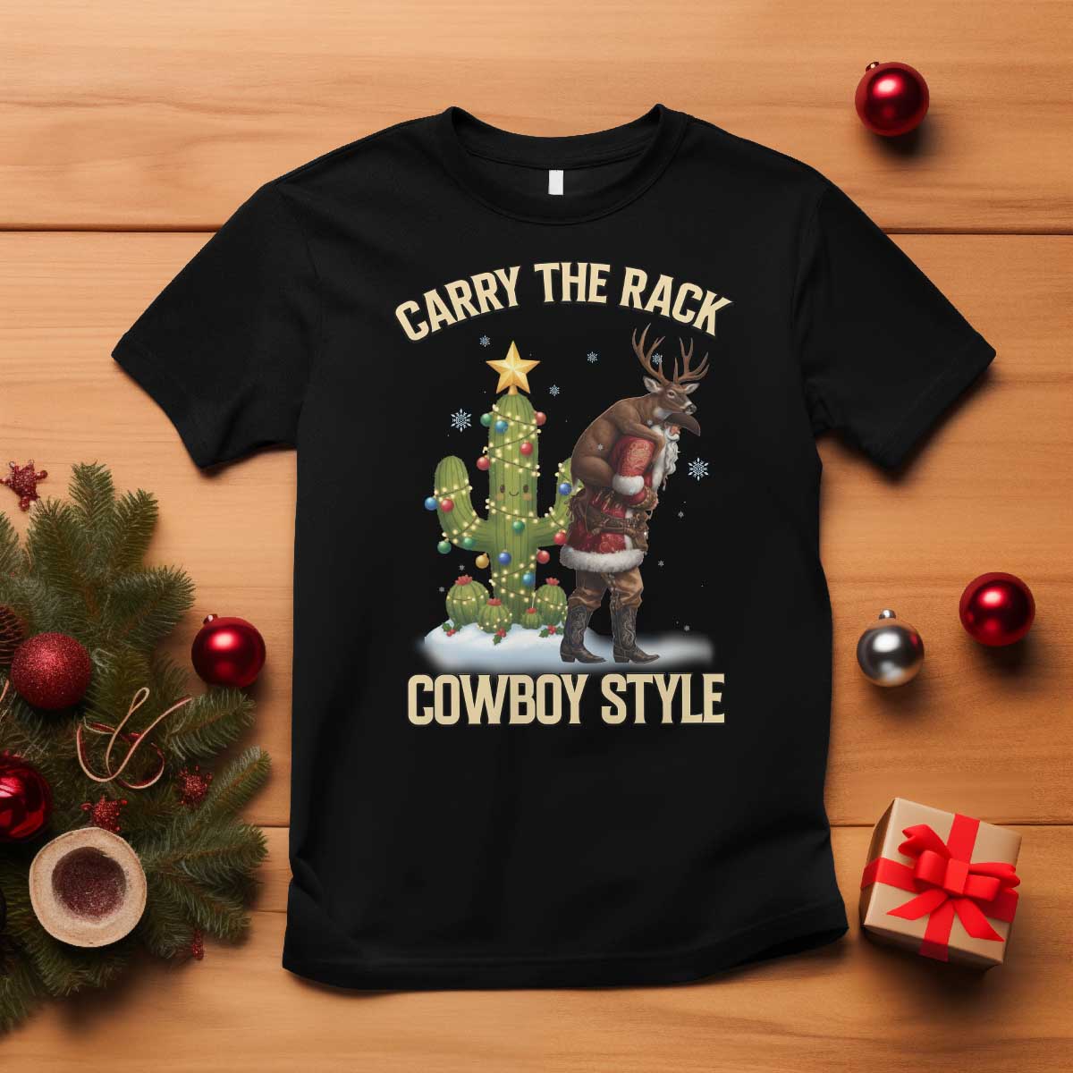 Funny Santa Hunting T Shirt Carry The Rack Cowboy Style TS14 Black Print Your Wear