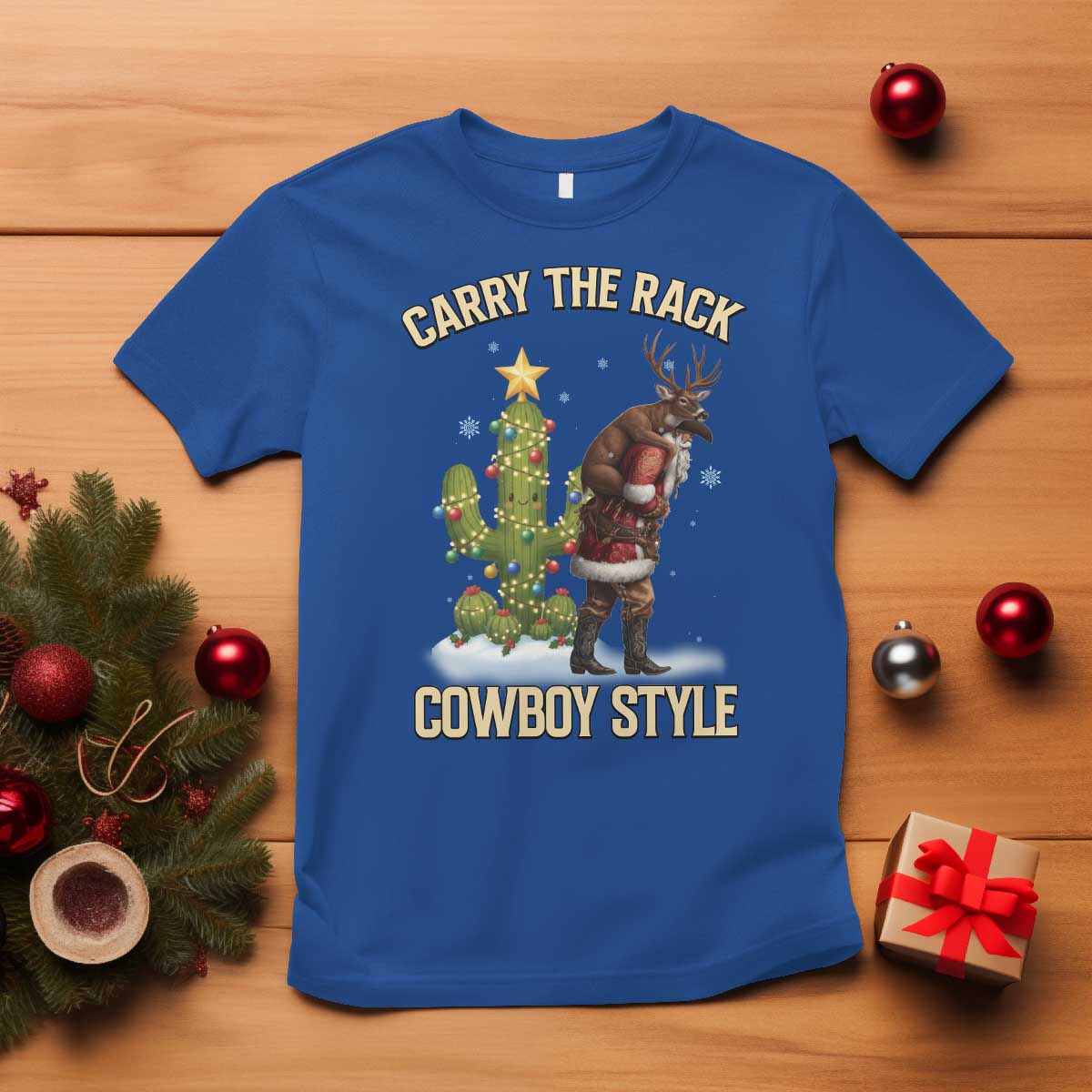 Funny Santa Hunting T Shirt Carry The Rack Cowboy Style TS14 Royal Blue Print Your Wear