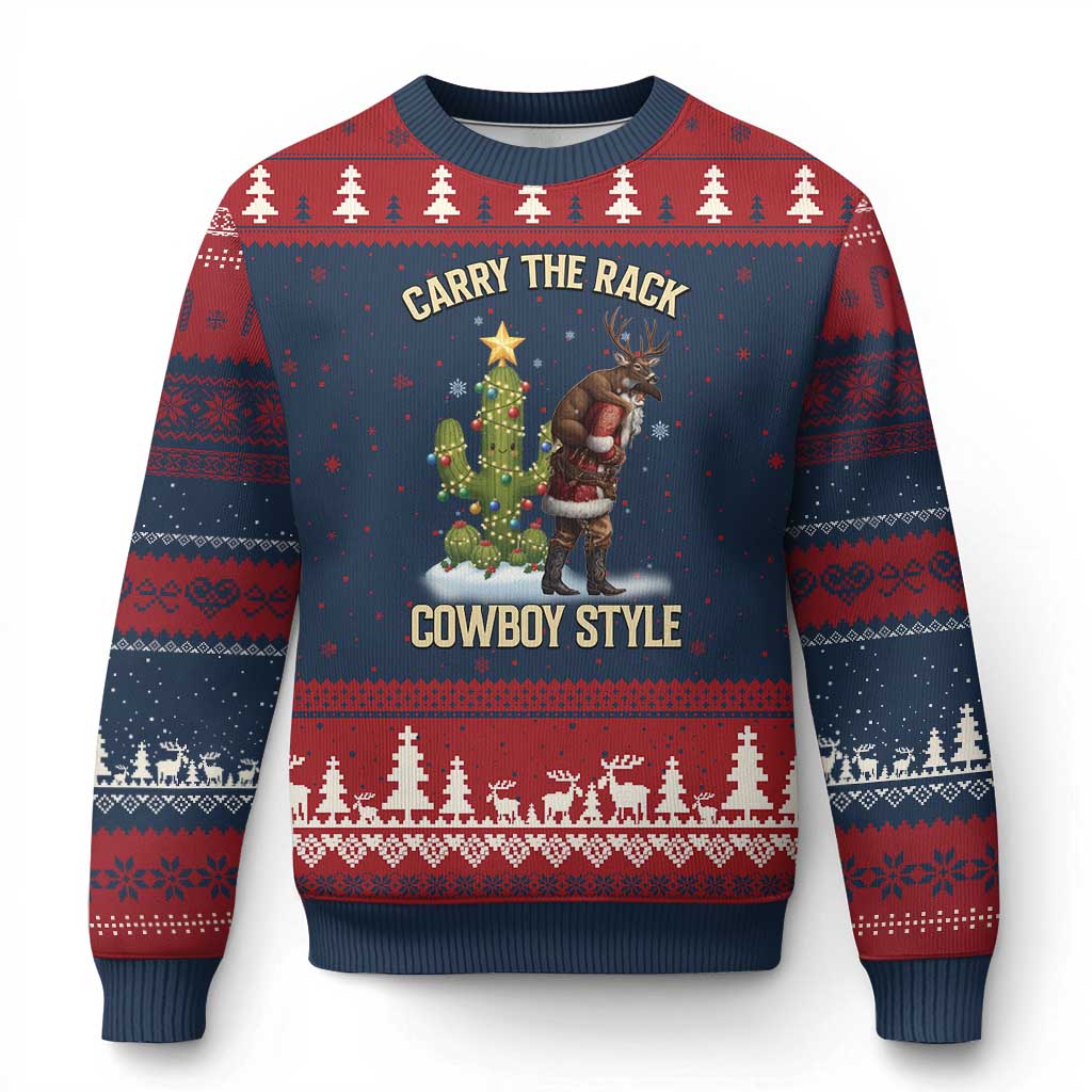 Funny Santa Hunting Ugly Christmas Sweater Carry The Rack Cowboy Style TS14 Navy Red Print Your Wear