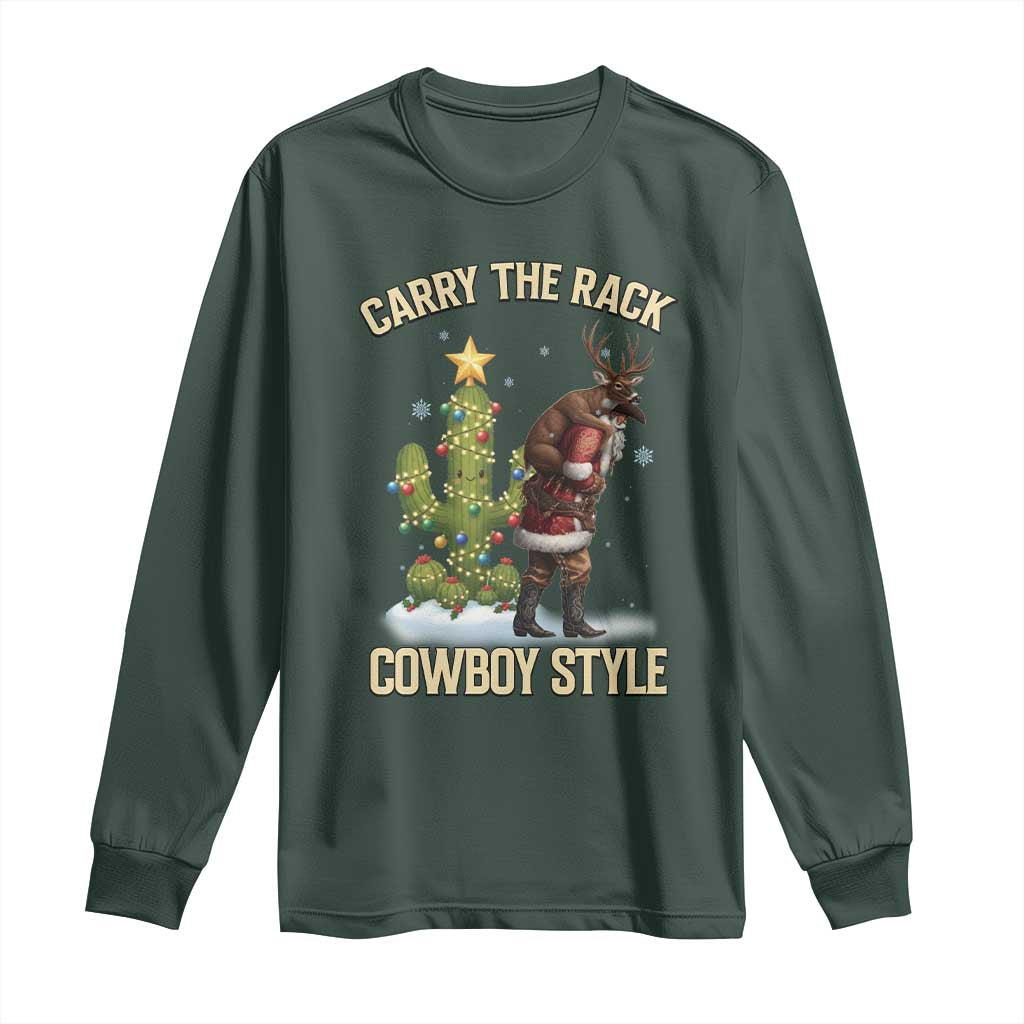 Funny Santa Hunting Long Sleeve Shirt Carry The Rack Cowboy Style TS14 Dark Forest Green Print Your Wear